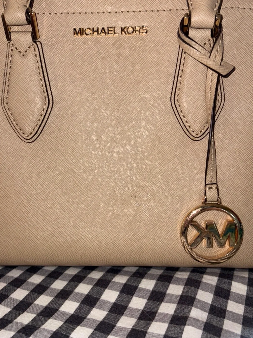 Michael Kors Light Beige Saffiano Satchel with Gold Charm